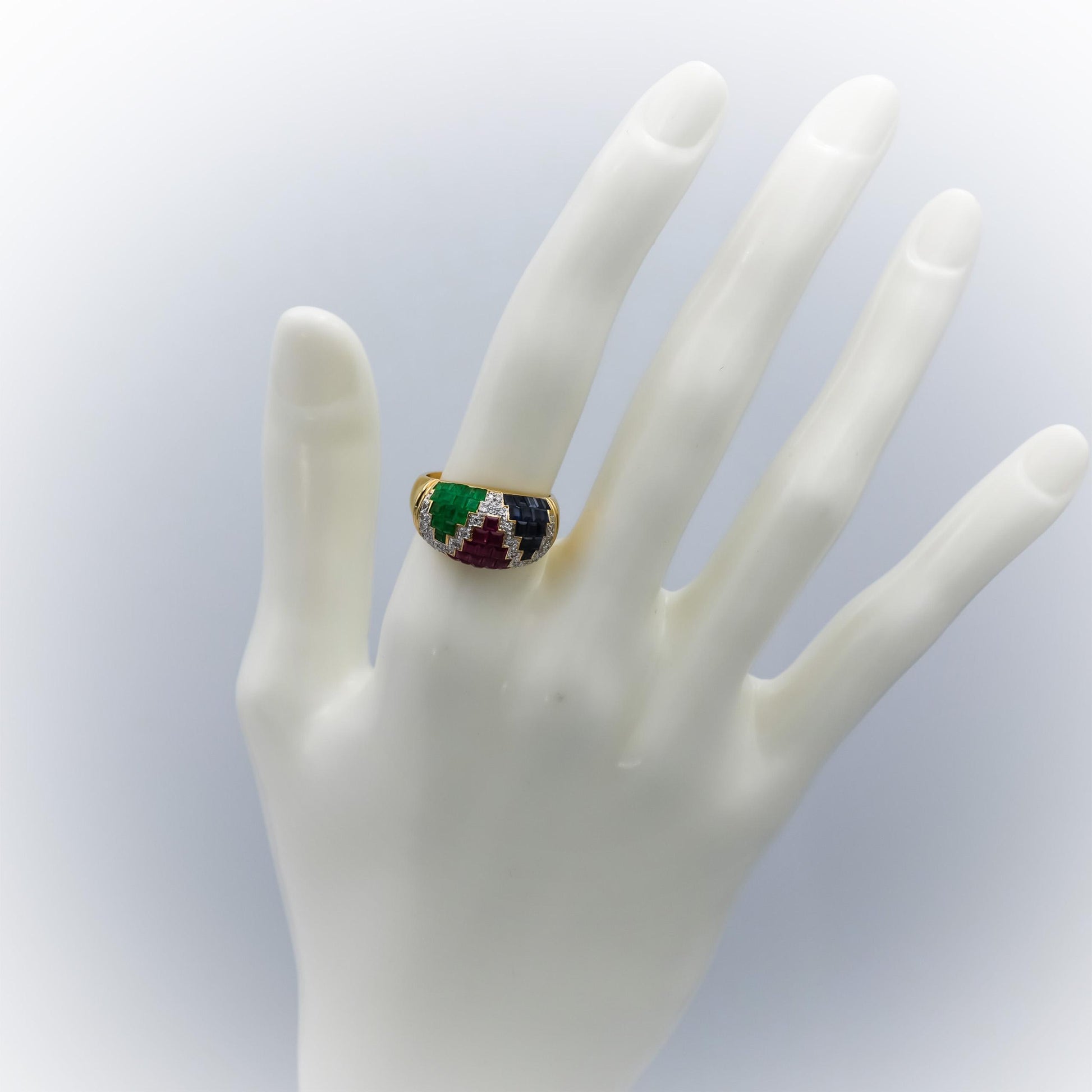 18k Yellow Gold VS Diamond Ruby Sapphire Emerald Dome Ring 4.20CT Size 6.5