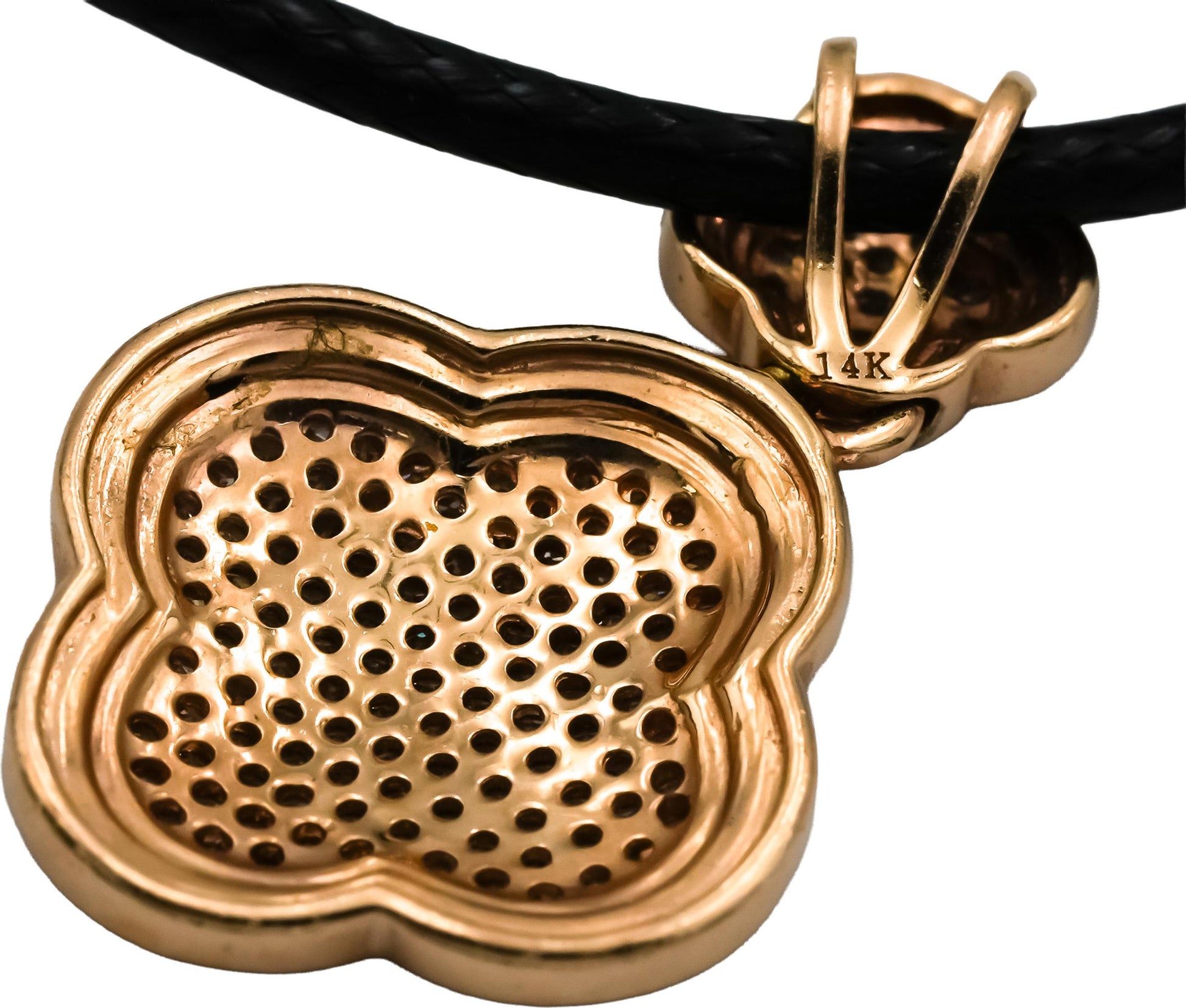 14k Rose Gold Round Diamond and Black Enamel Clover Pendant Necklace 0.50CT