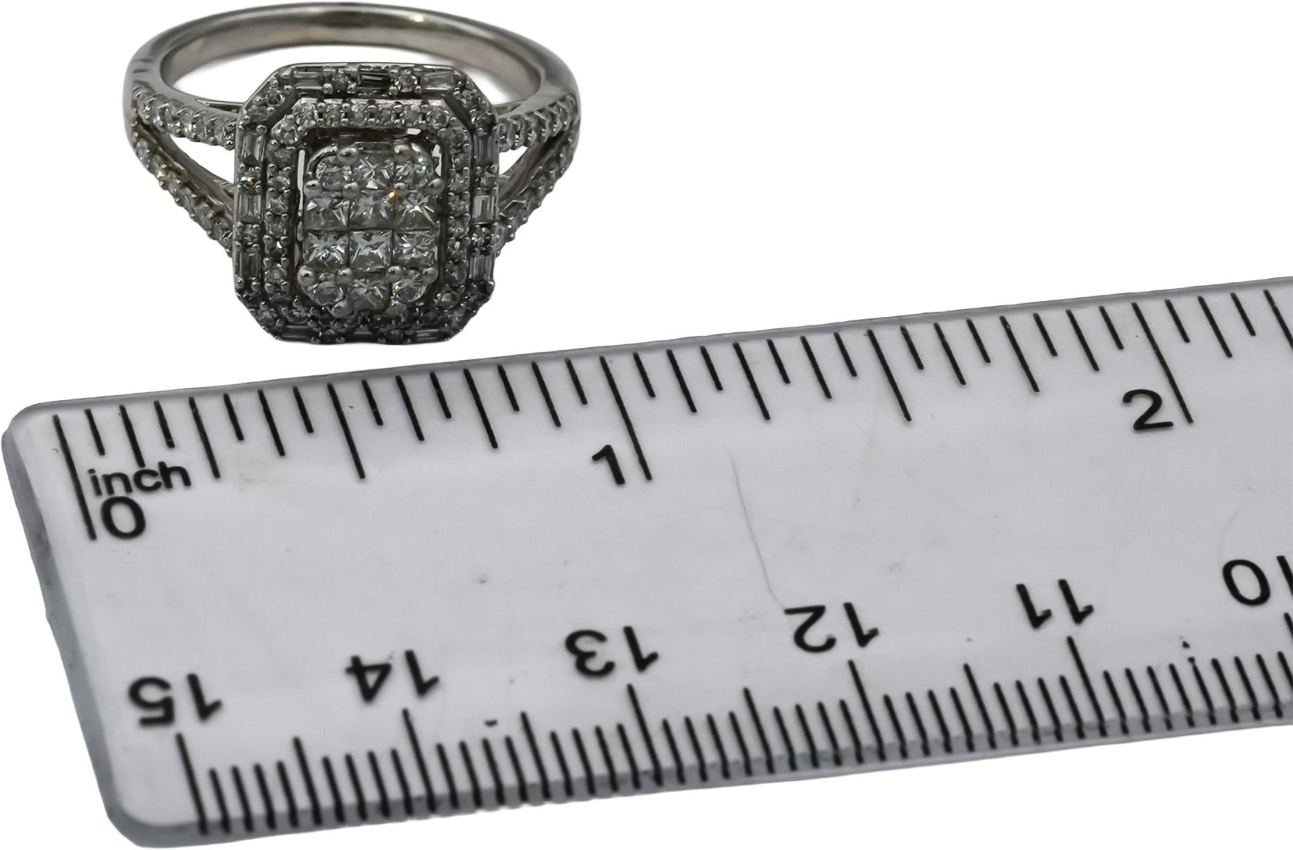 14k White Gold Princess and Round Diamond Cluster Cocktail Ring 1.0CT Size 7