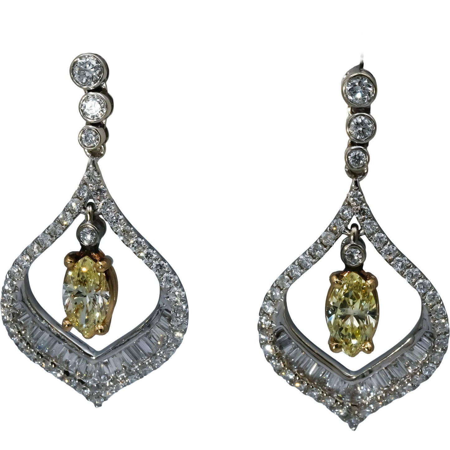 14k White & Yellow Gold VS White and Light Yellow Diamond Dangle Earrings 2.35CT