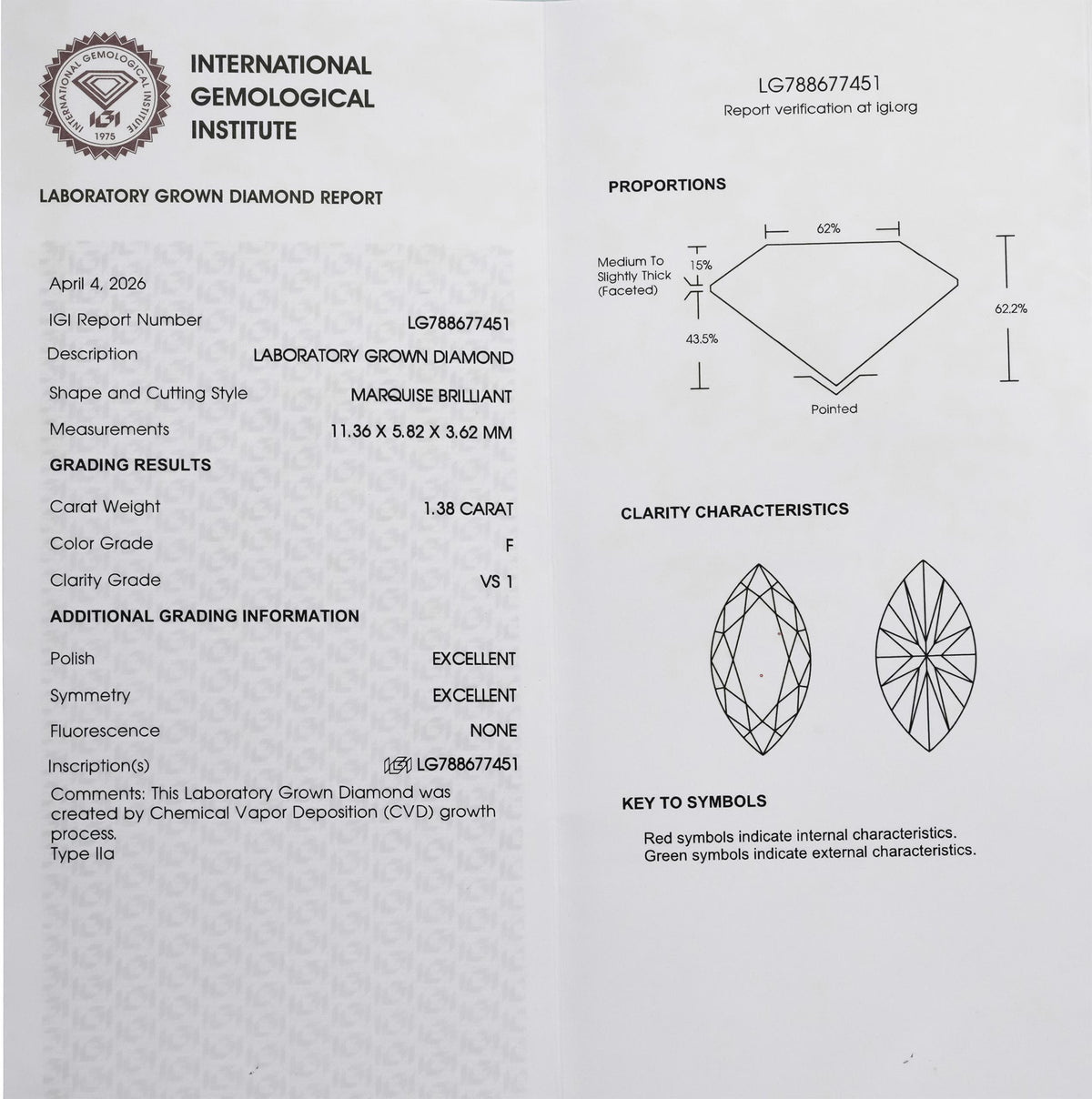 IGI 14k White Gold VS1/F Lab-Grown Marquise Diamond Pendant Necklace 1.38CT