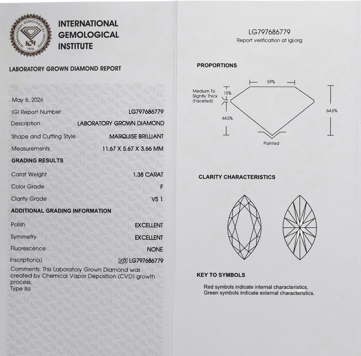 IGI 14k White Gold VS1/F Marquise Cut Lab-Grown Diamond Pendant Necklace 1.38CT