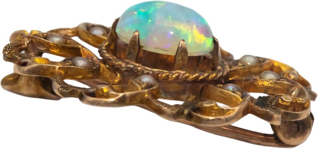 10k Yellow Gold Cabochon Opal and Seed Pearl Brooch Pin