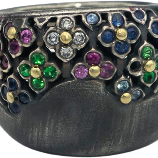 STAMBOLIAN 18k Gold & Sterling Silver 0.70CT Multi-Gem Flower Ring Size 10