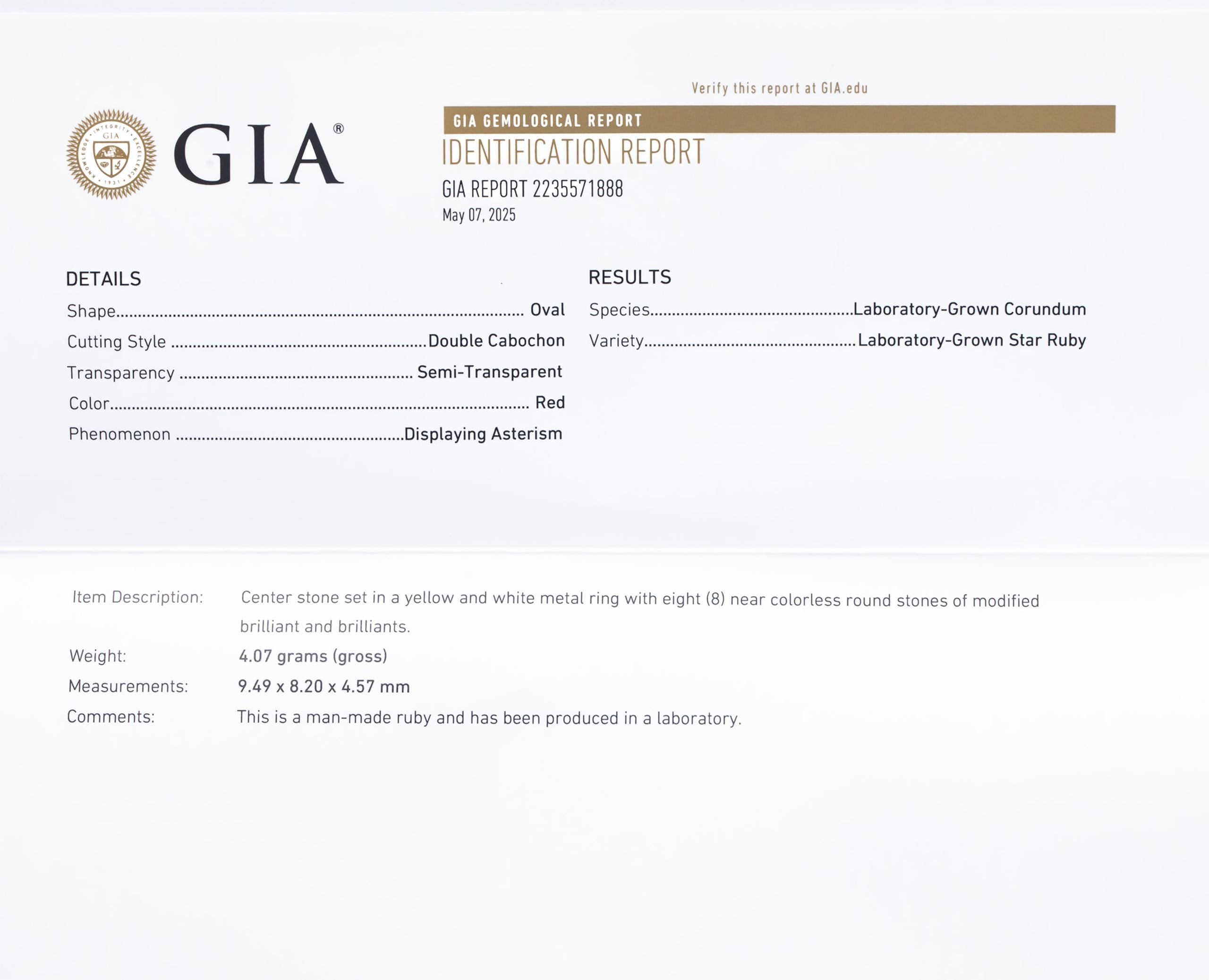GIA Certified 14k & Pallidum Gold 4.05CT Diamond & Lab Grown Star Ruby Ring