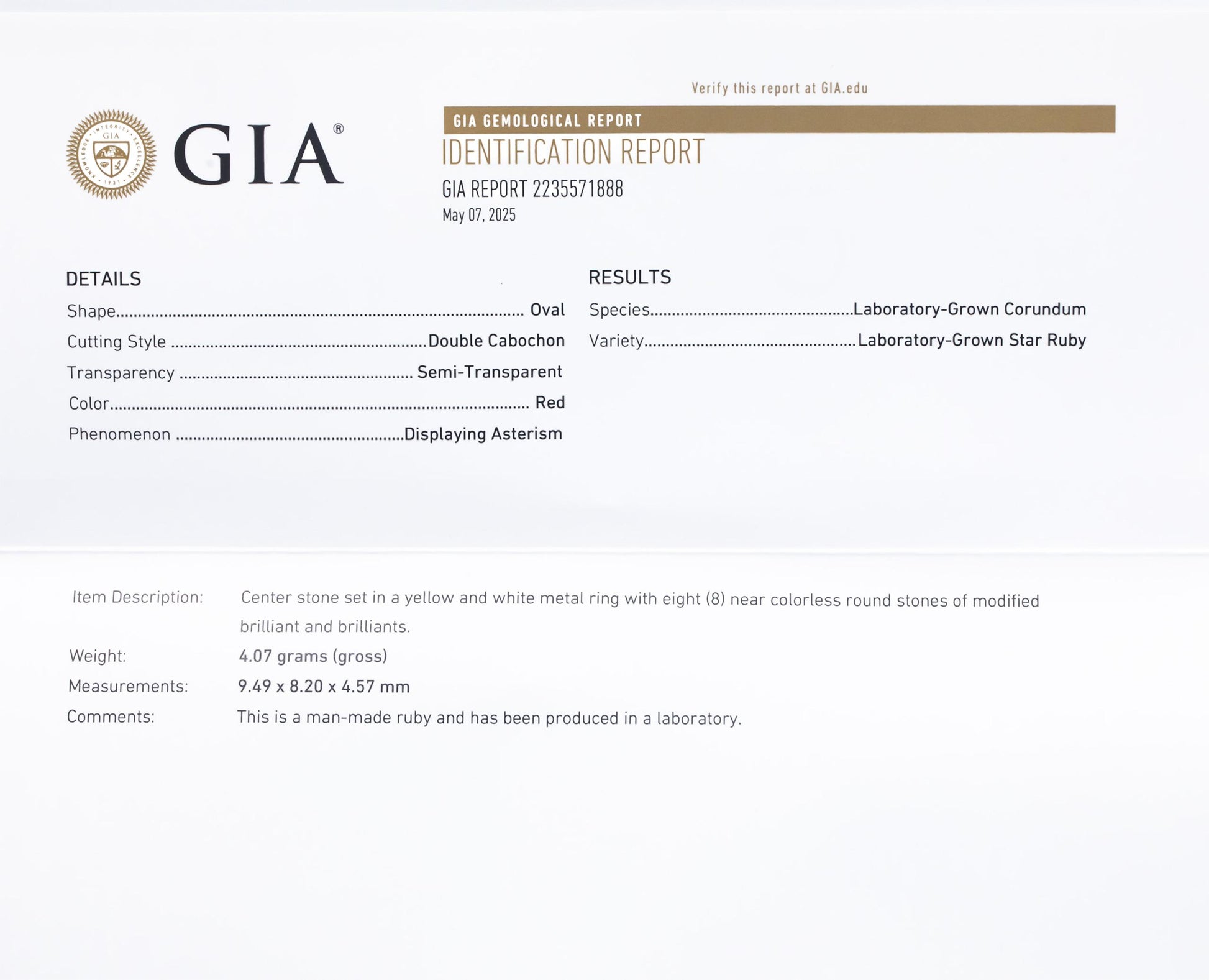 GIA Certified 14k Gold 4.05CT Diamond & Lab Grown Star Ruby Ring Size 7