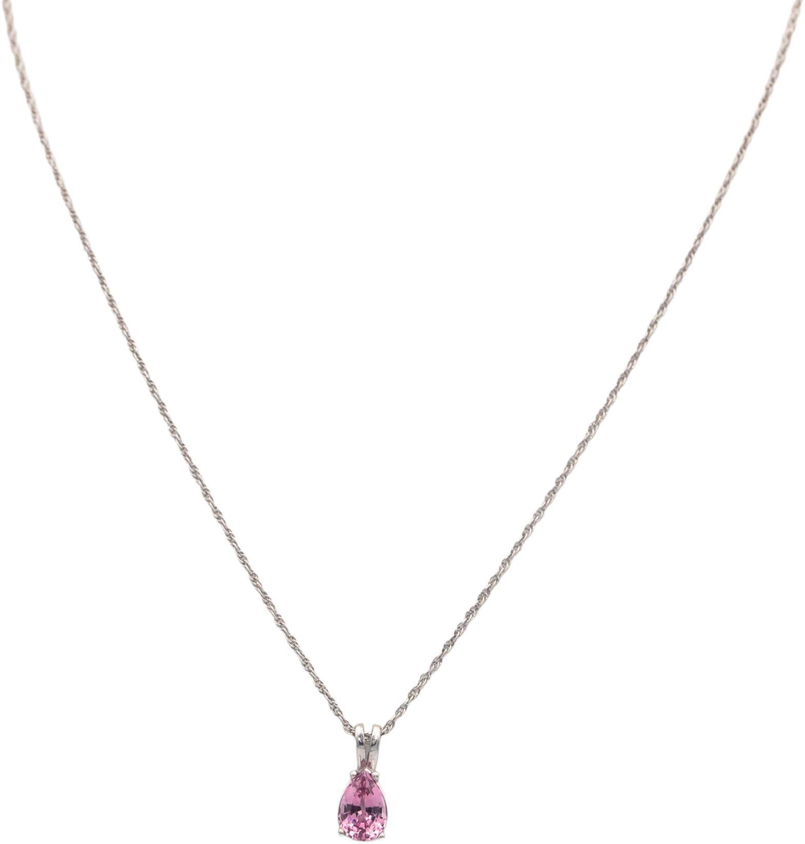 14k White Gold 1.30CT Pear Cut Pink Spinel Solitaire Pendant Necklace