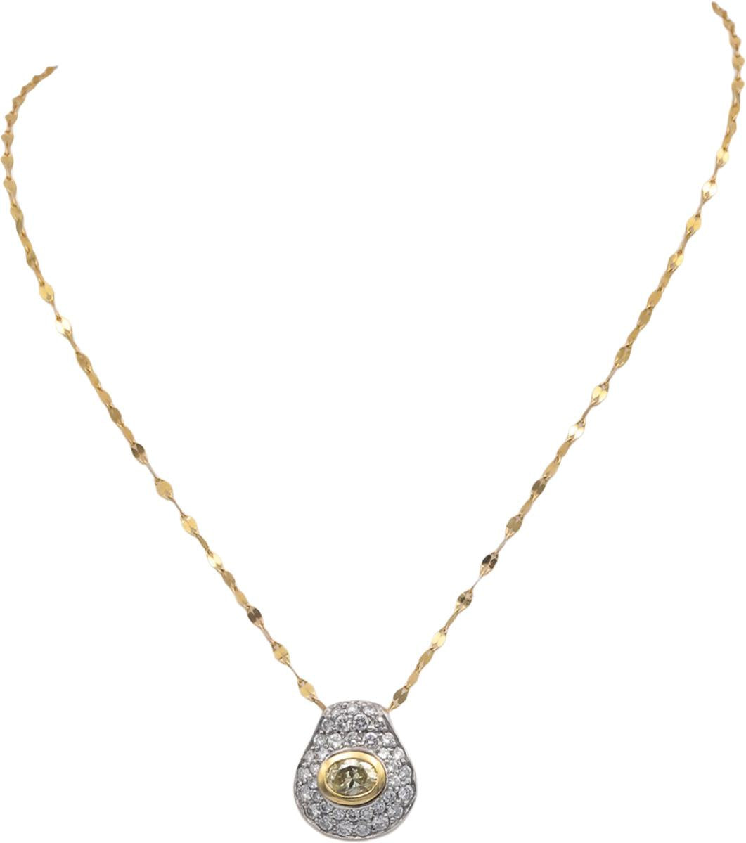 18k Gold & Platinum Diamond Pendant Necklace 1.50CT w/ 0.50CT Oval Center