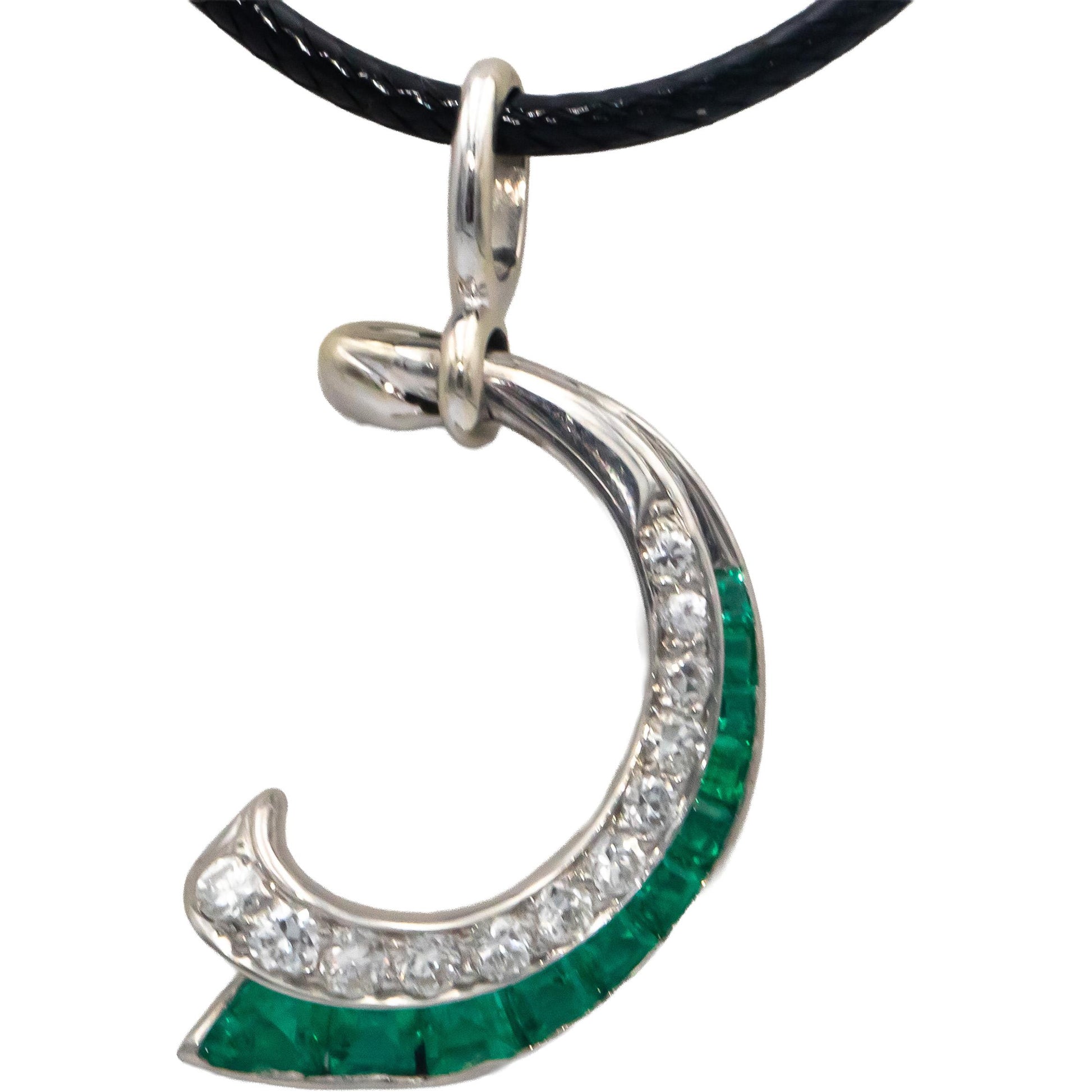 Vintage Antique Palladium Diamond and Emerald Abstract Pendant Necklace 1.0CT