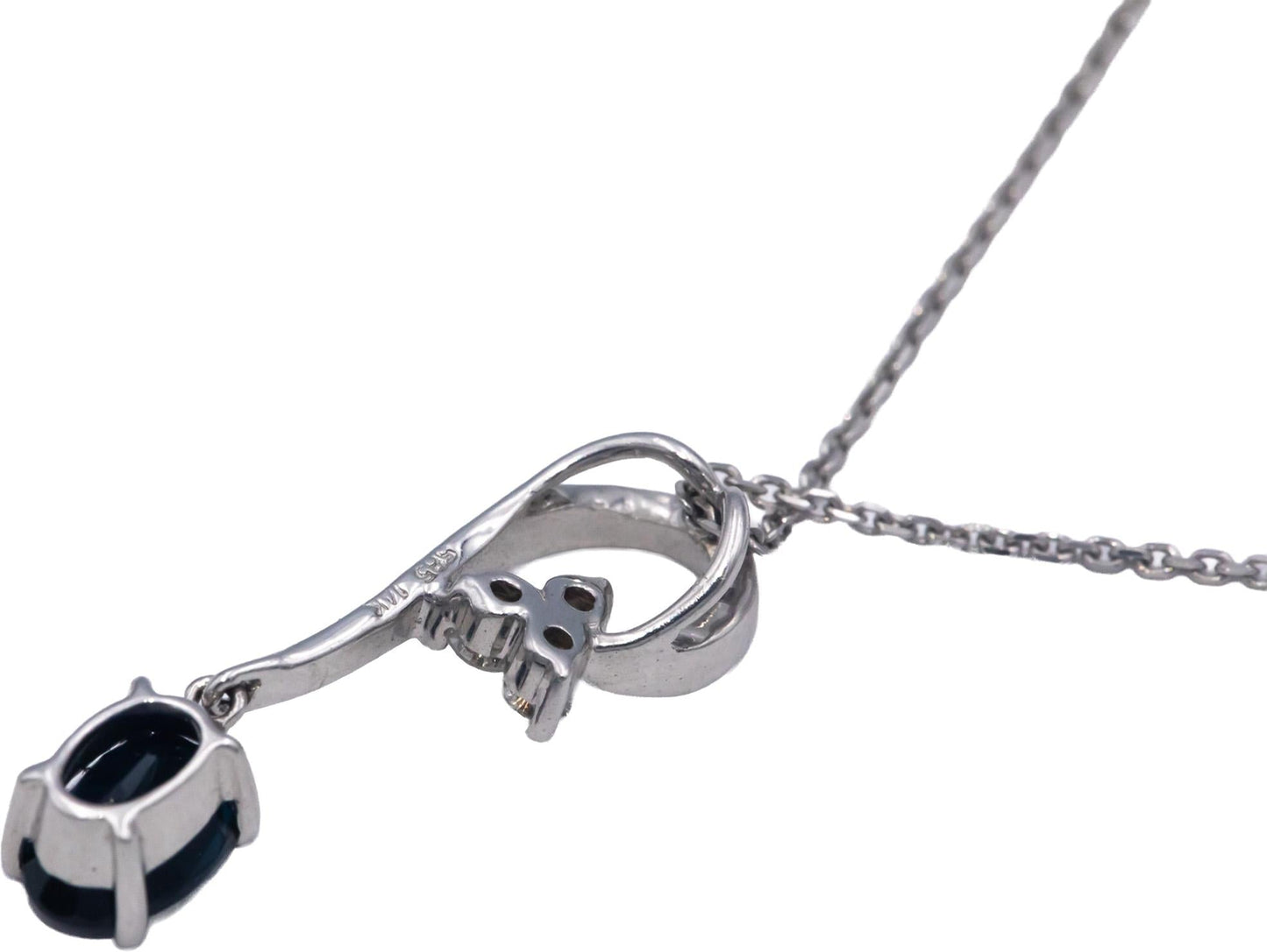 14k White Gold 0.31CT Round Diamond and Oval Blue Sapphire Pendant Necklace