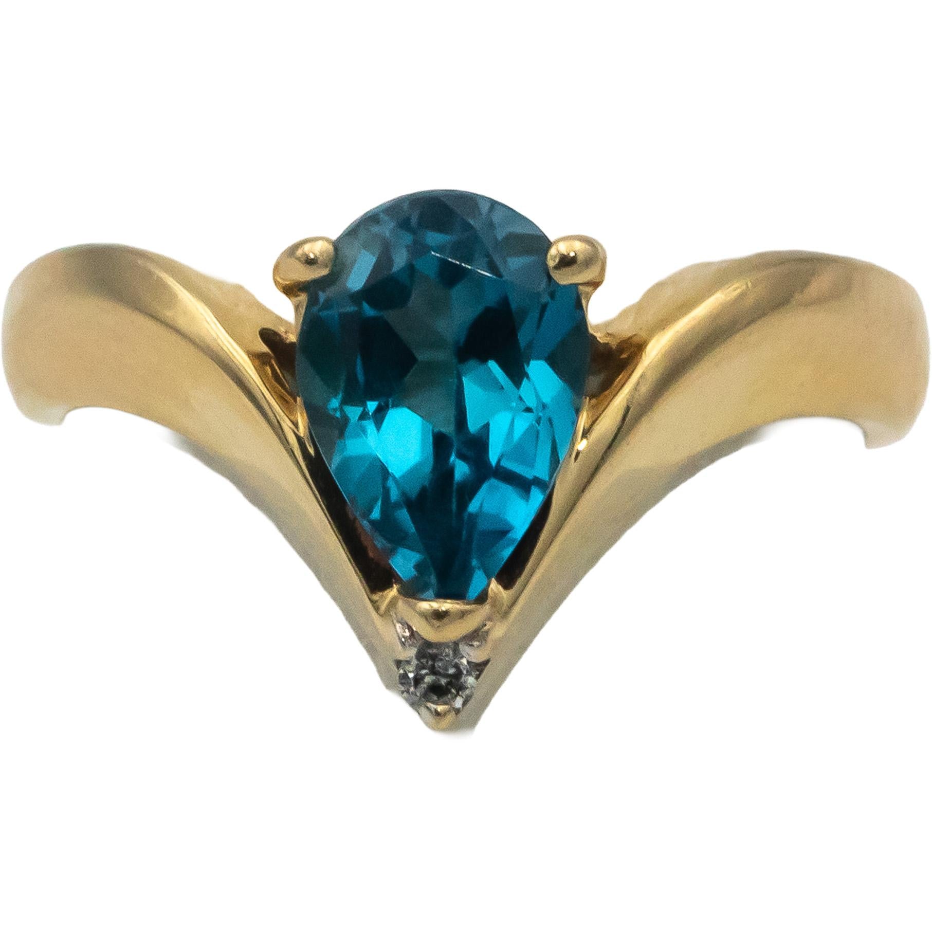 14k Yellow Gold Pear Blue Topaz Cocktail Ring w/ Diamond Accent 1.50CT Size 6.75