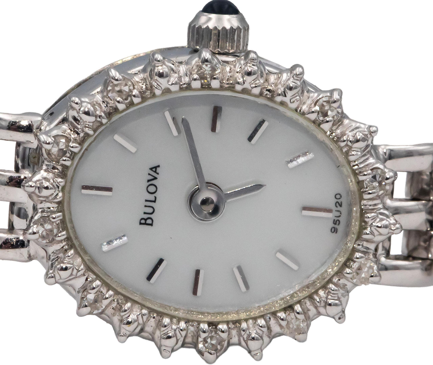 BULOVA 14k White Gold Ladies Quartz Watch w/ 10 Small Diamond Accents Box Papers