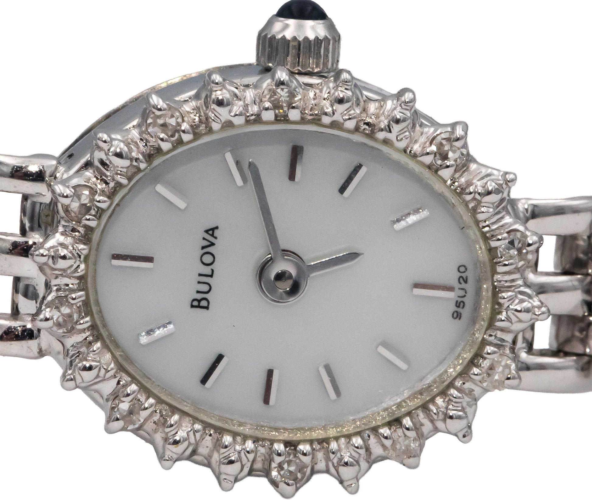 BULOVA 14k White Gold Ladies Quartz Watch w/ 10 Small Diamond Accents Box Papers