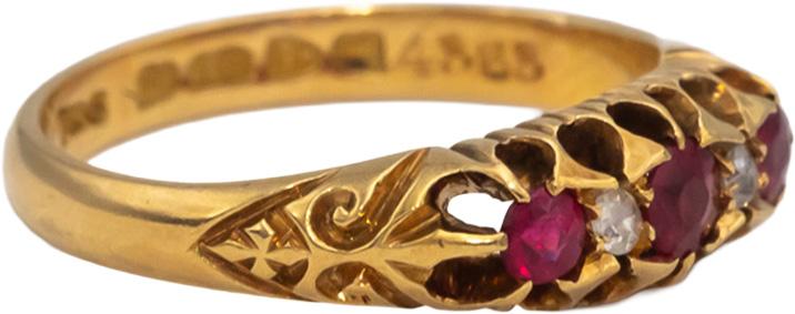 Antique Edwardian 18k Yellow Gold Diamond and Ruby Band Ring 0.26CTW Size 5.5