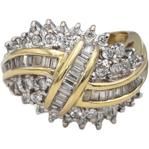 10k Yellow & White Gold Round & Baguette Diamond Cocktail Ring 1.0CT Size 6.75