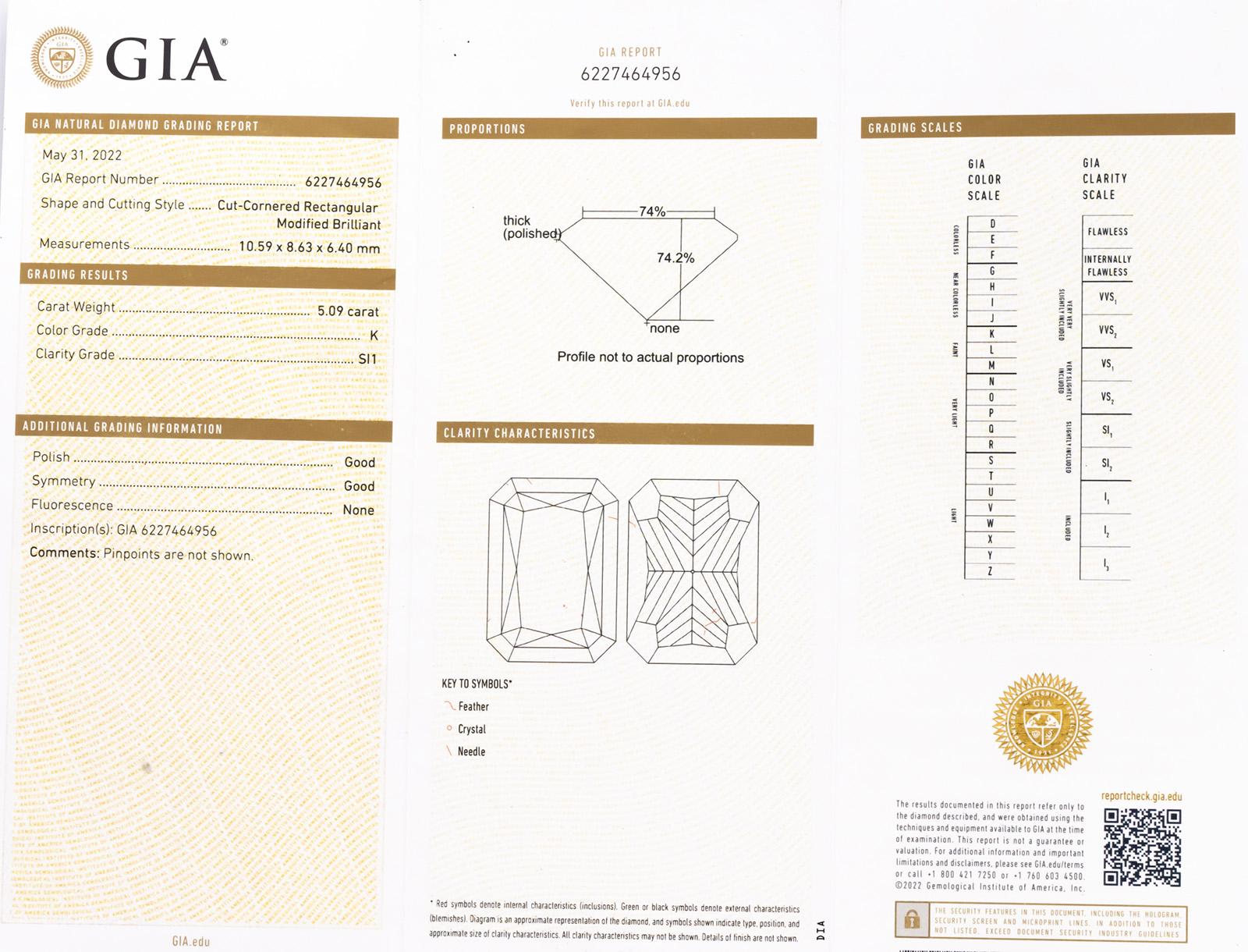 GIA Certified SI1/K Radiant Cut Diamond Loose Stone 5.09CT