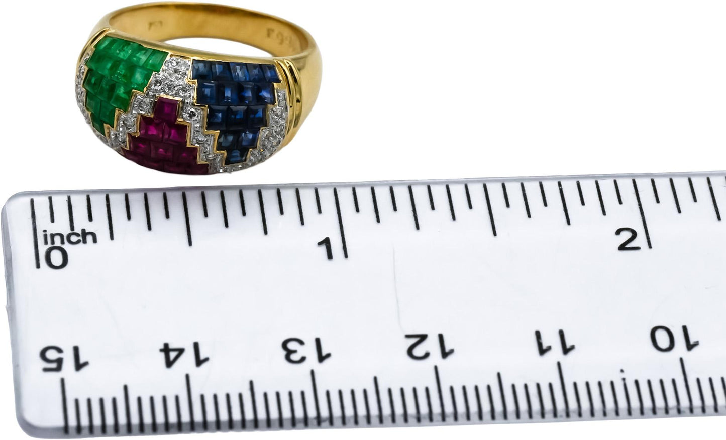 18k Yellow Gold VS Diamond Ruby Sapphire Emerald Dome Ring 4.20CT Size 6.5
