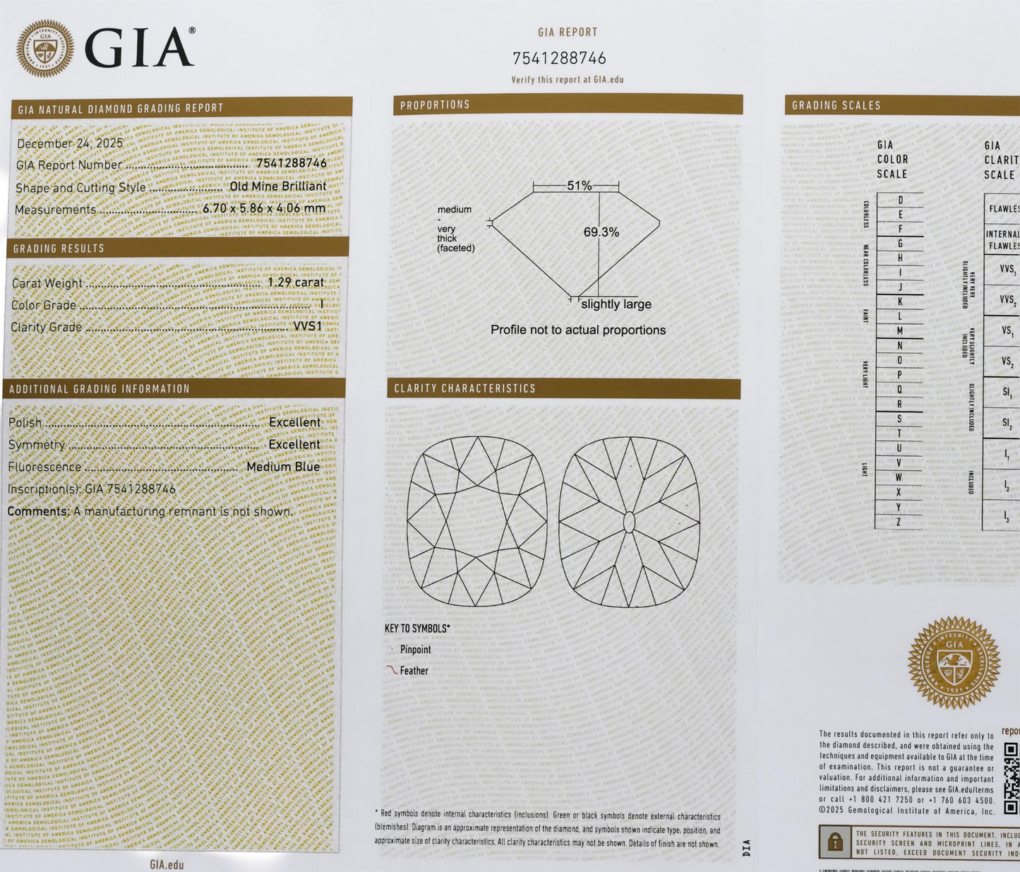 GIA Certified VVS1 Clarity I Color Old Mine Cut Diamond Loose Stone 1.29CT