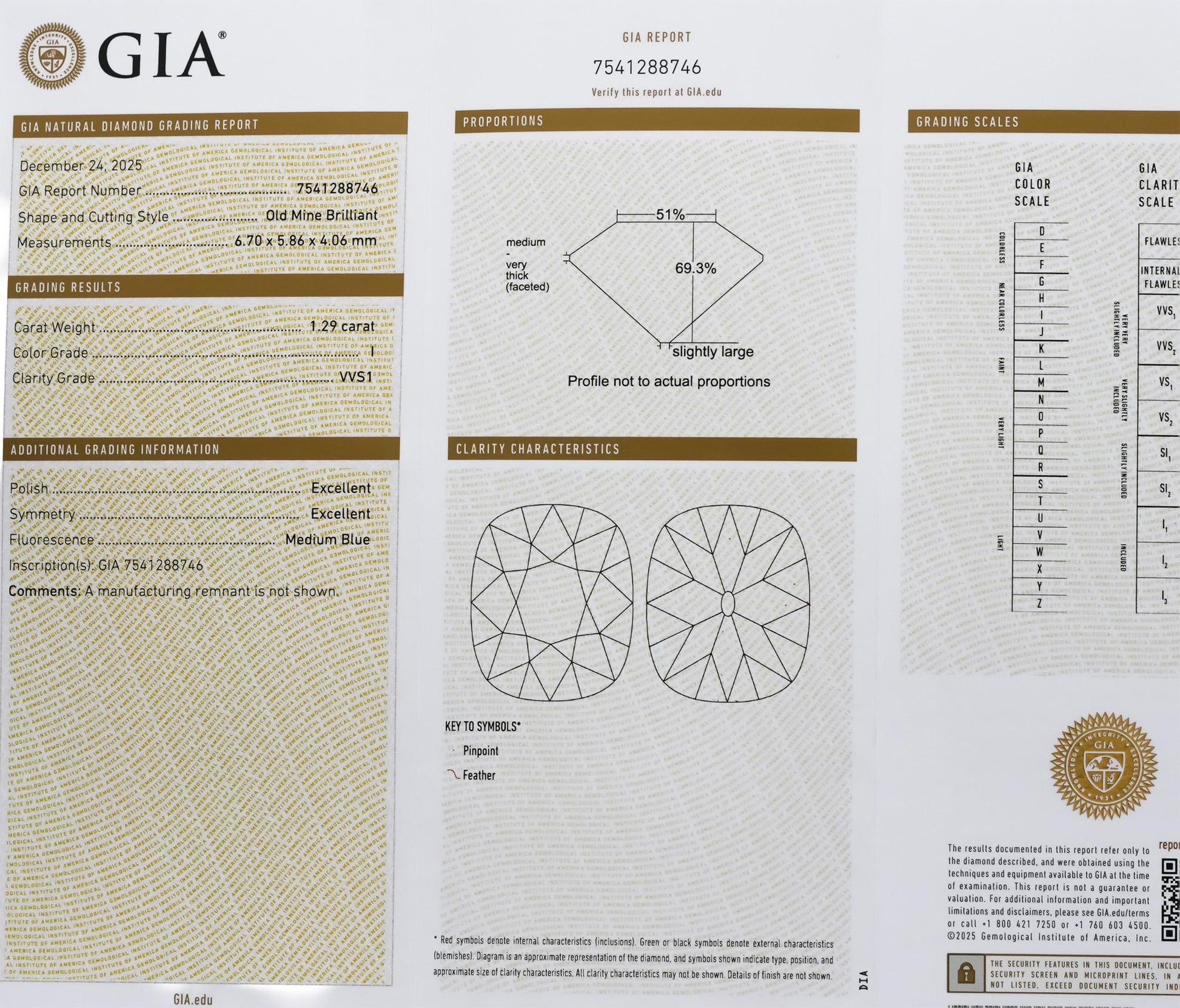 GIA Certified VVS1 Clarity I Color Old Mine Cut Diamond Loose Stone 1.29CT