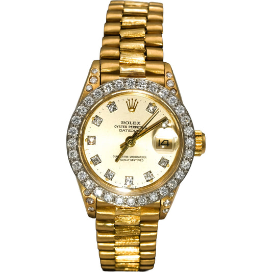 ROLEX 18k Gold Lady President Factory Bezel Custom Dial & Lugs Watch 1.25CT 6917
