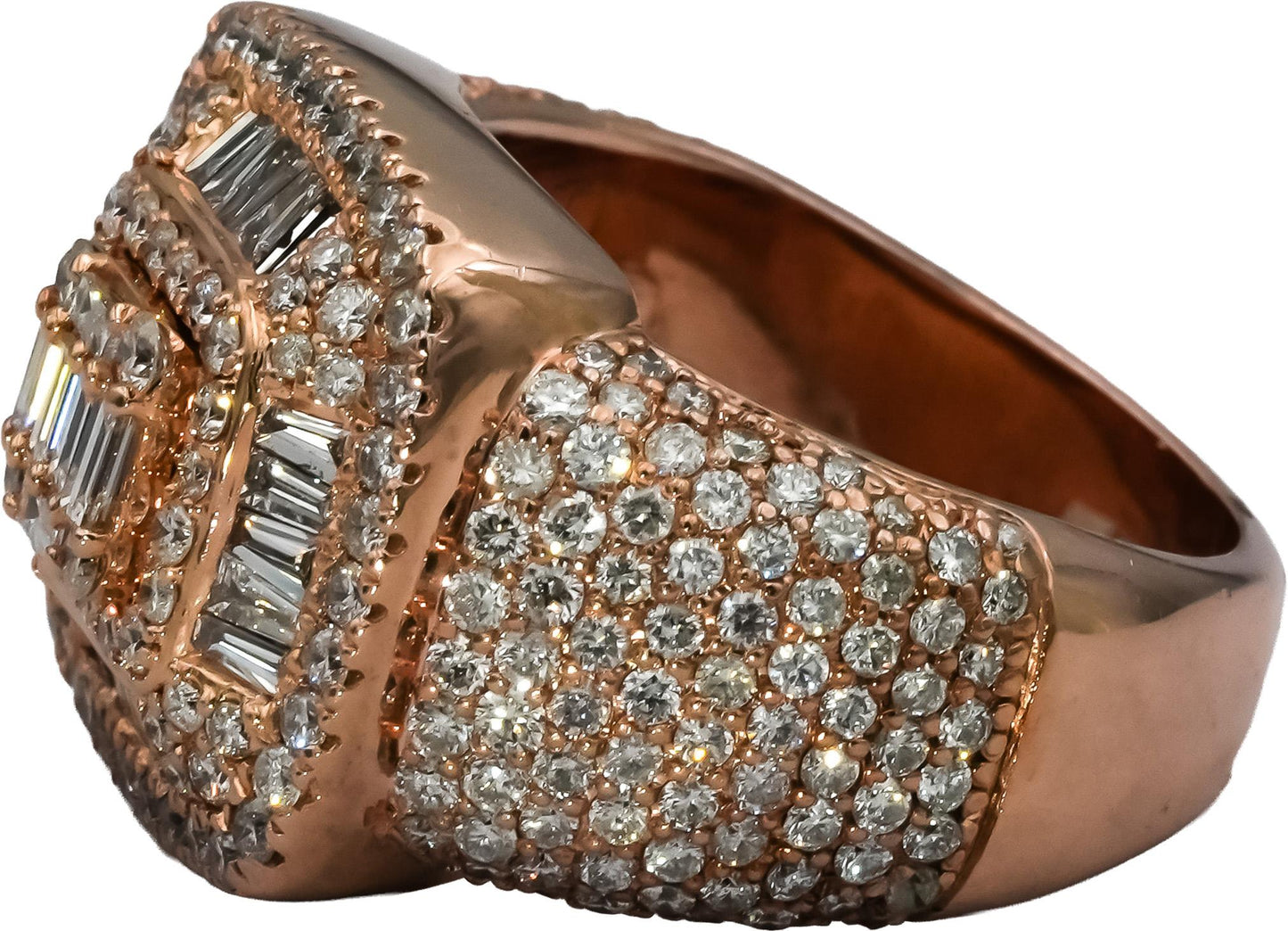 14k Rose Gold Baguette and Round Diamond Cluster Men's Ring 3.0CT Size 8