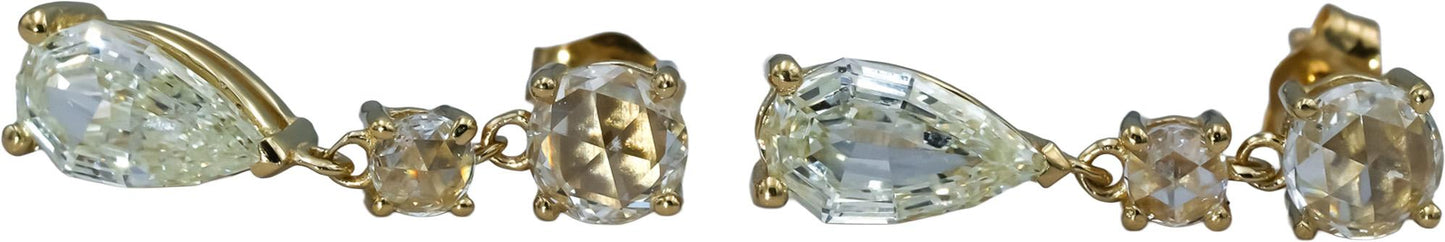 14k Yellow Gold VS Rose and Pear Step Cut Diamond Dangle Earrings 2.97CT