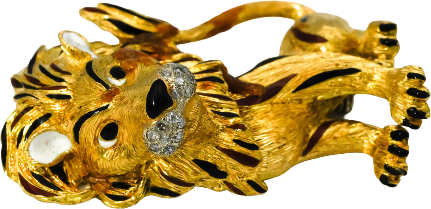 18k Yellow Gold VS Diamond and Enamel Jumbo Lion Brooch 0.40CT