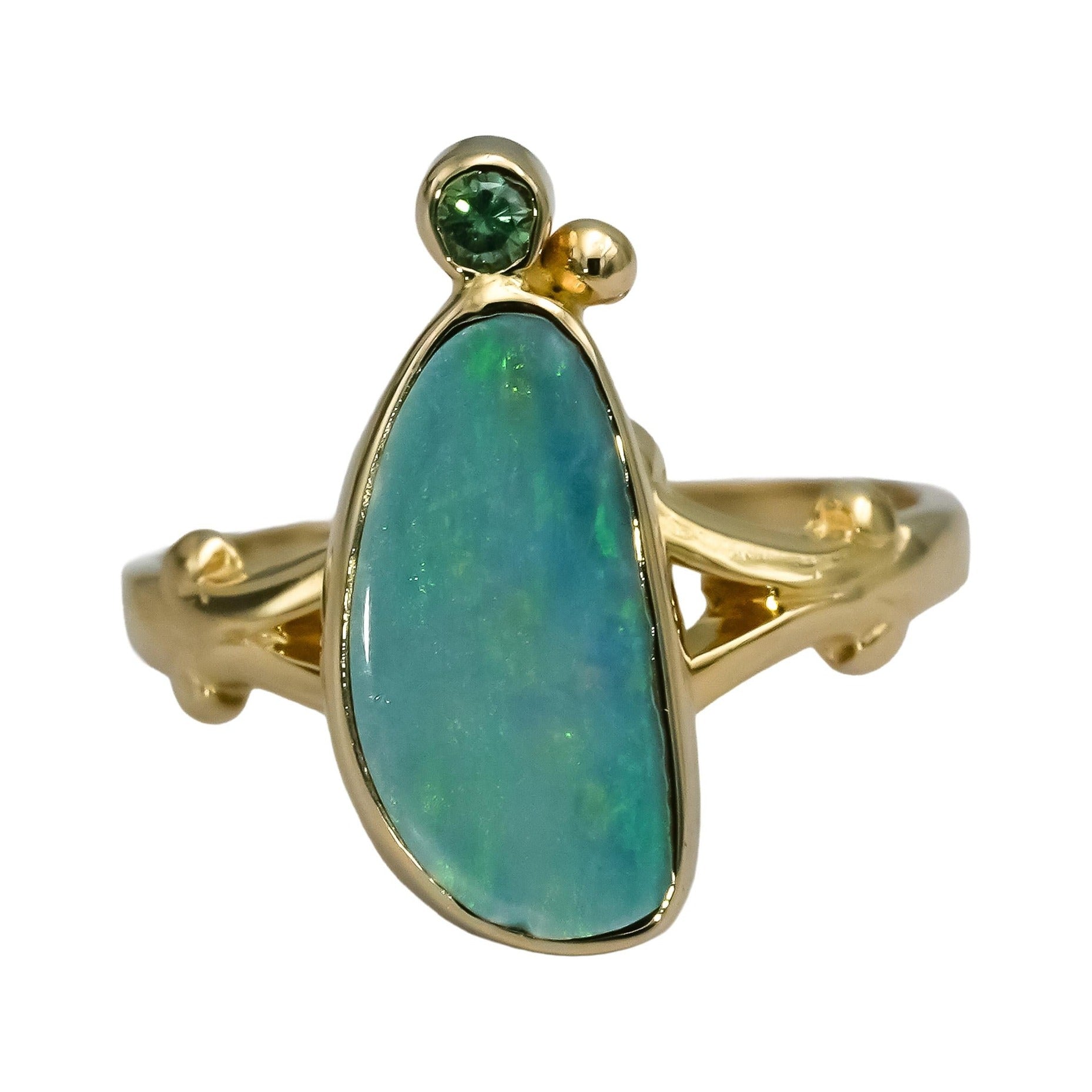 14k Yellow Gold Cabochon Opal Cocktail Ring w/ Green Diamond Accent Size 5.5