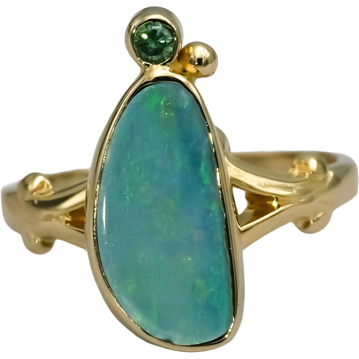 14k Yellow Gold Cabochon Opal Cocktail Ring w/ Green Diamond Accent Size 5.5