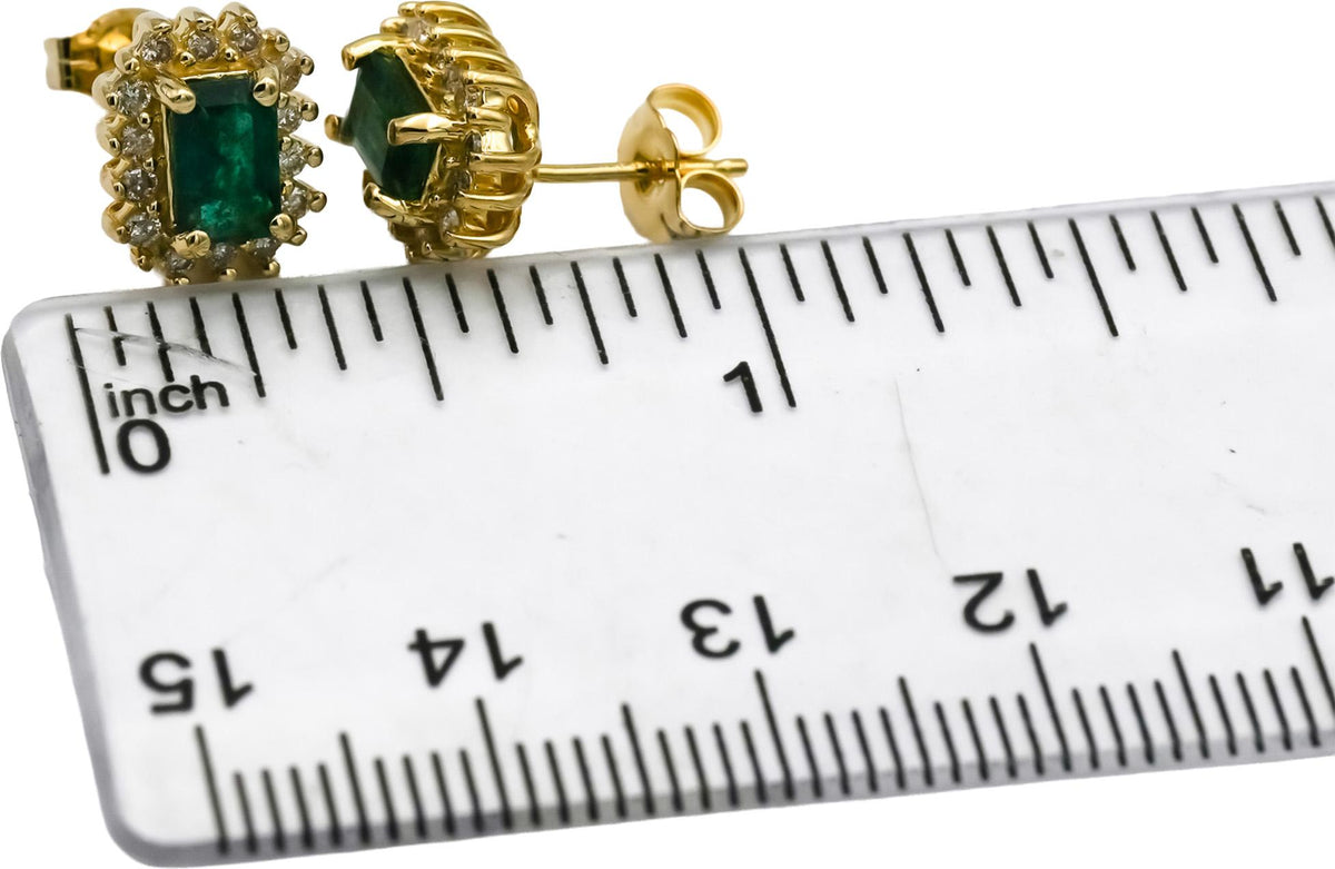 14k Yellow Gold Diamond and Emerald Stud Earrings 1.43CT