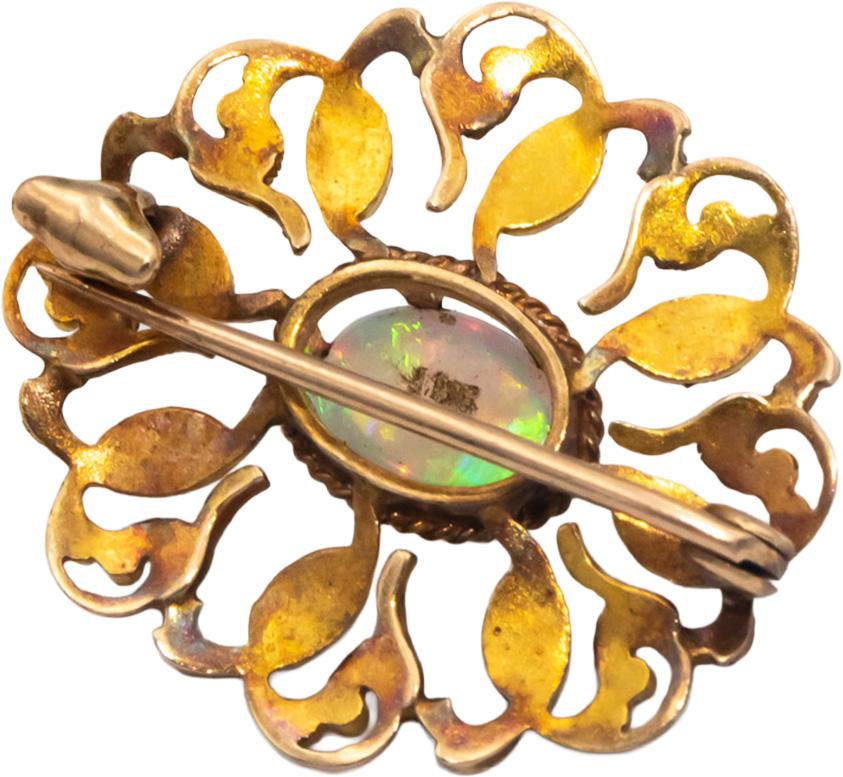 10k Yellow Gold Cabochon Opal and Seed Pearl Brooch Pin