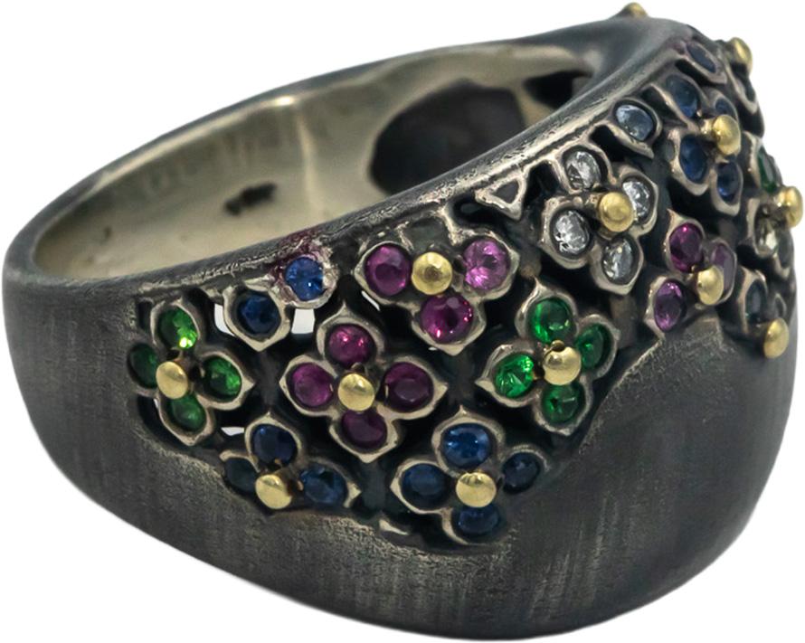 STAMBOLIAN 18k Gold & Sterling Silver 0.70CT Multi-Gem Flower Ring Size 10