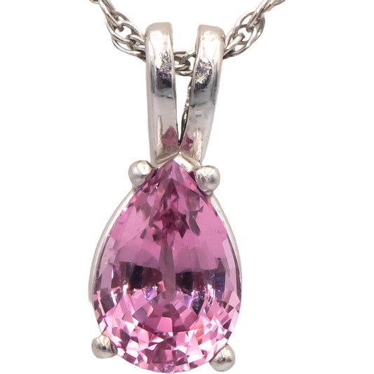 14k White Gold 1.30CT Pear Cut Pink Spinel Solitaire Pendant Necklace
