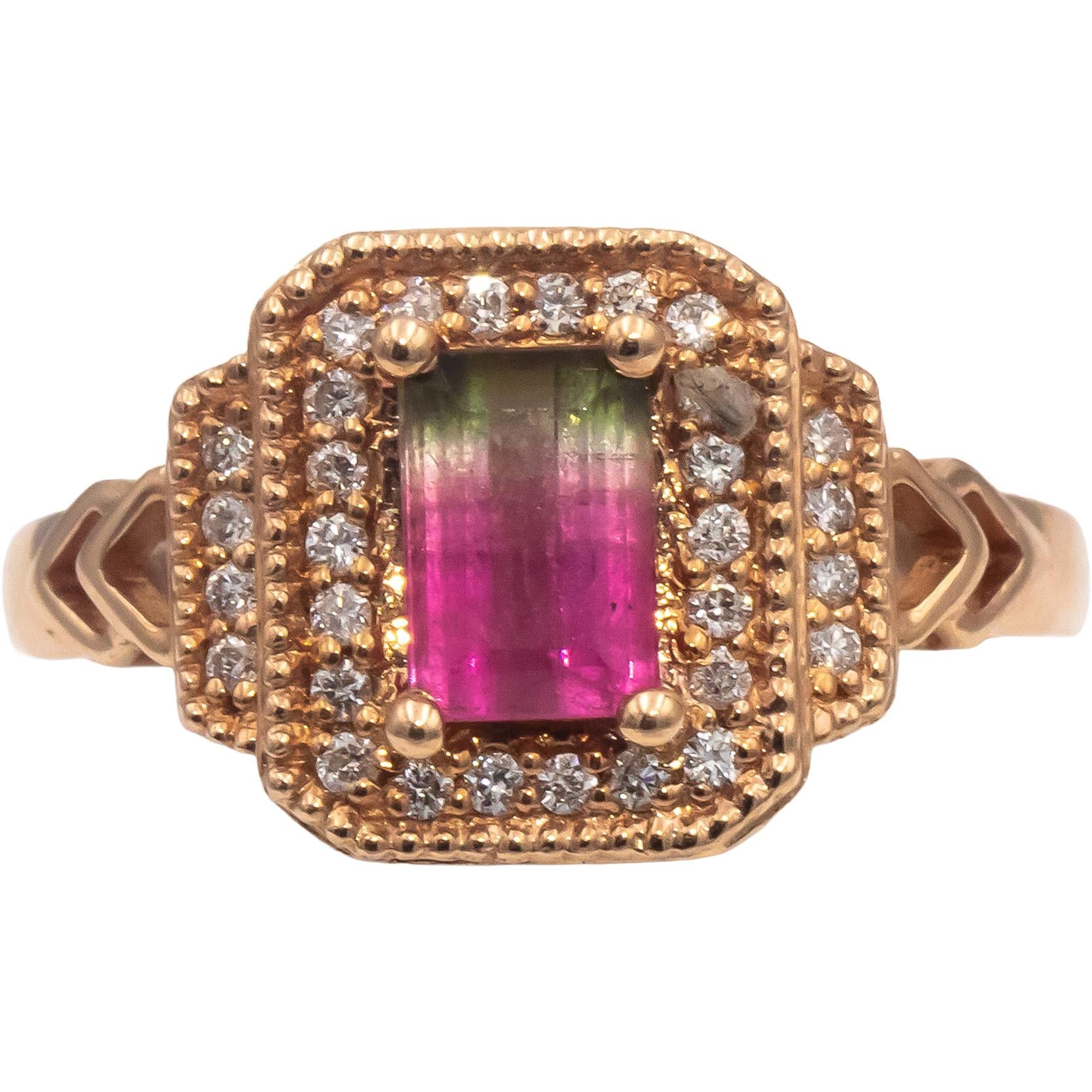 14k Rose Gold Bi-Color Tourmaline & Diamond Cocktail Ring 1.18CT Size 7