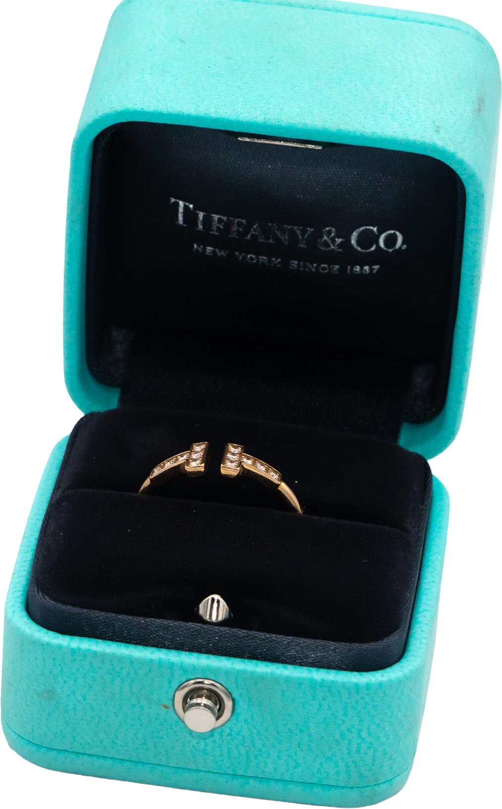 TIFFANY & CO. 18k Rose Gold Round Diamond Tiffany T Ring .14CT w/ Box