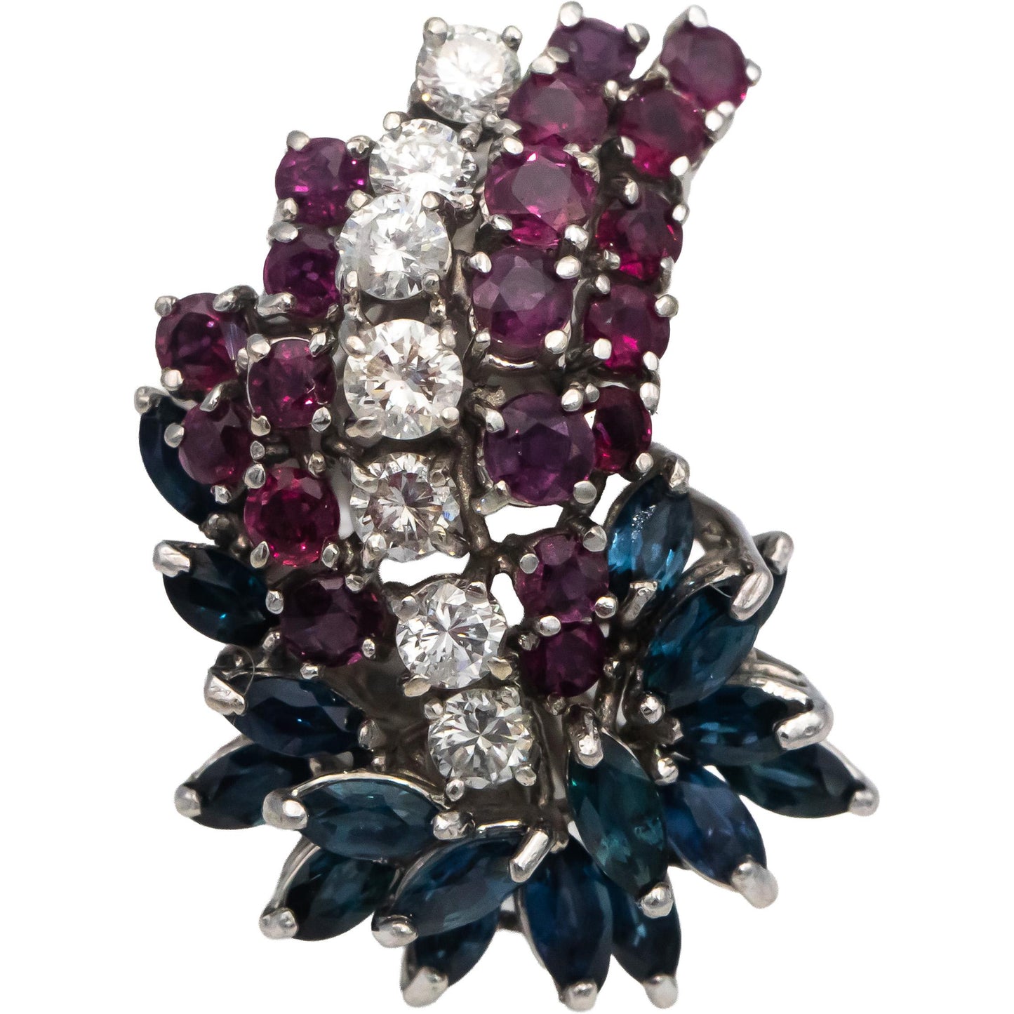 14k White Gold Diamond Ruby and Sapphire Waterfall Cocktail Ring 3.75CT Size 7.5