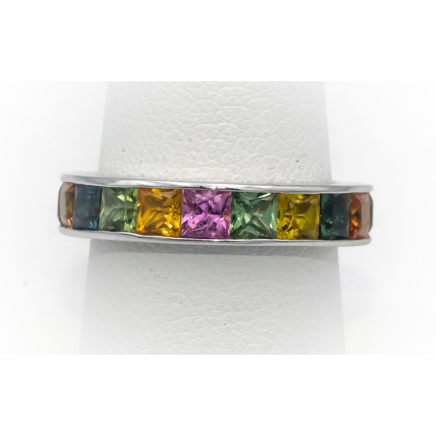 18k White Gold Square Cut Channel Set Rainbow Sapphire Band Ring 3.51CT Size 7.5