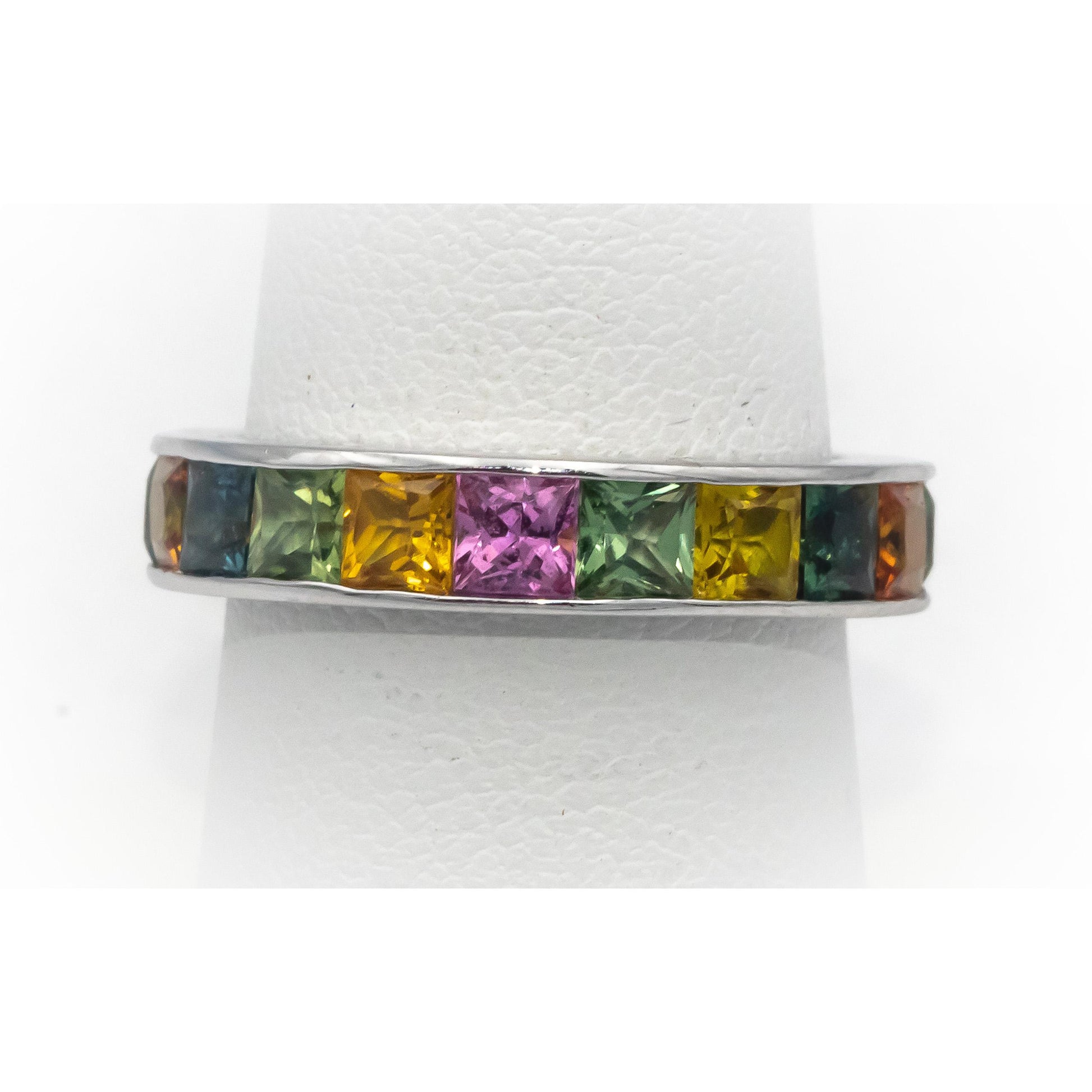 18k White Gold Square Cut Channel Set Rainbow Sapphire Band Ring 3.51CT Size 7.5