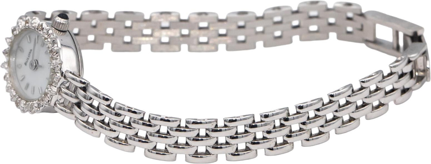 BULOVA 14k White Gold Ladies Quartz Watch w/ 10 Small Diamond Accents Box Papers