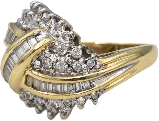 10k Yellow & White Gold Round & Baguette Diamond Cocktail Ring 1.0CT Size 6.75