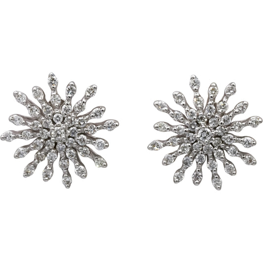 18k White Gold Round Diamond Cluster Snowflake Stud Earrings 1.50CT
