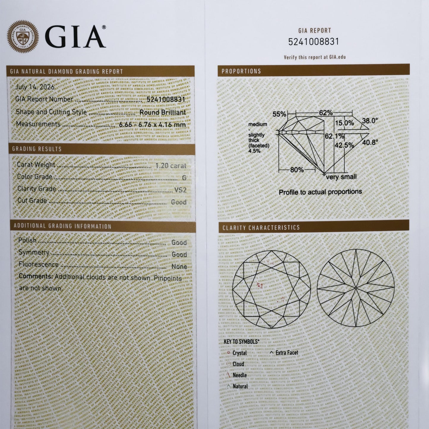 GIA Certified VS2/G Round Cut Natural Diamond Loose Stone 1.20CT