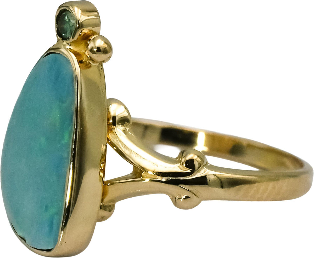 14k Yellow Gold Cabochon Opal Cocktail Ring w/ Green Diamond Accent Size 5.5