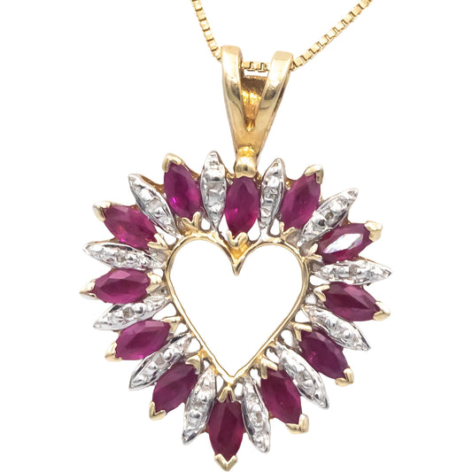 14k Yellow & White Gold 0.65CT Diamond and Ruby Heart Pendant Necklace