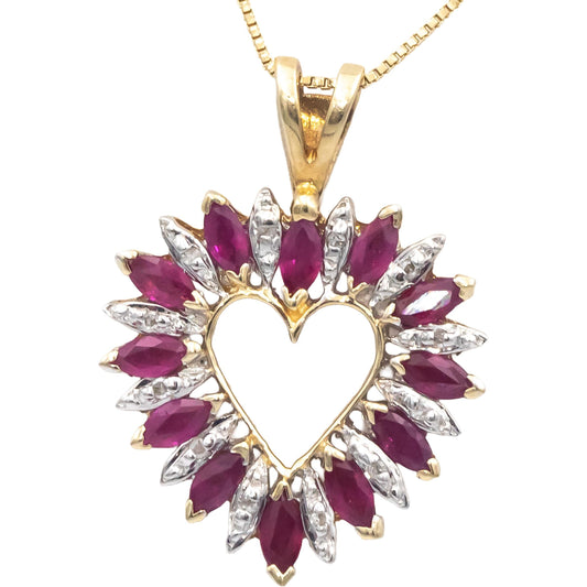 14k Yellow & White Gold 0.65CT Diamond and Ruby Heart Pendant Necklace