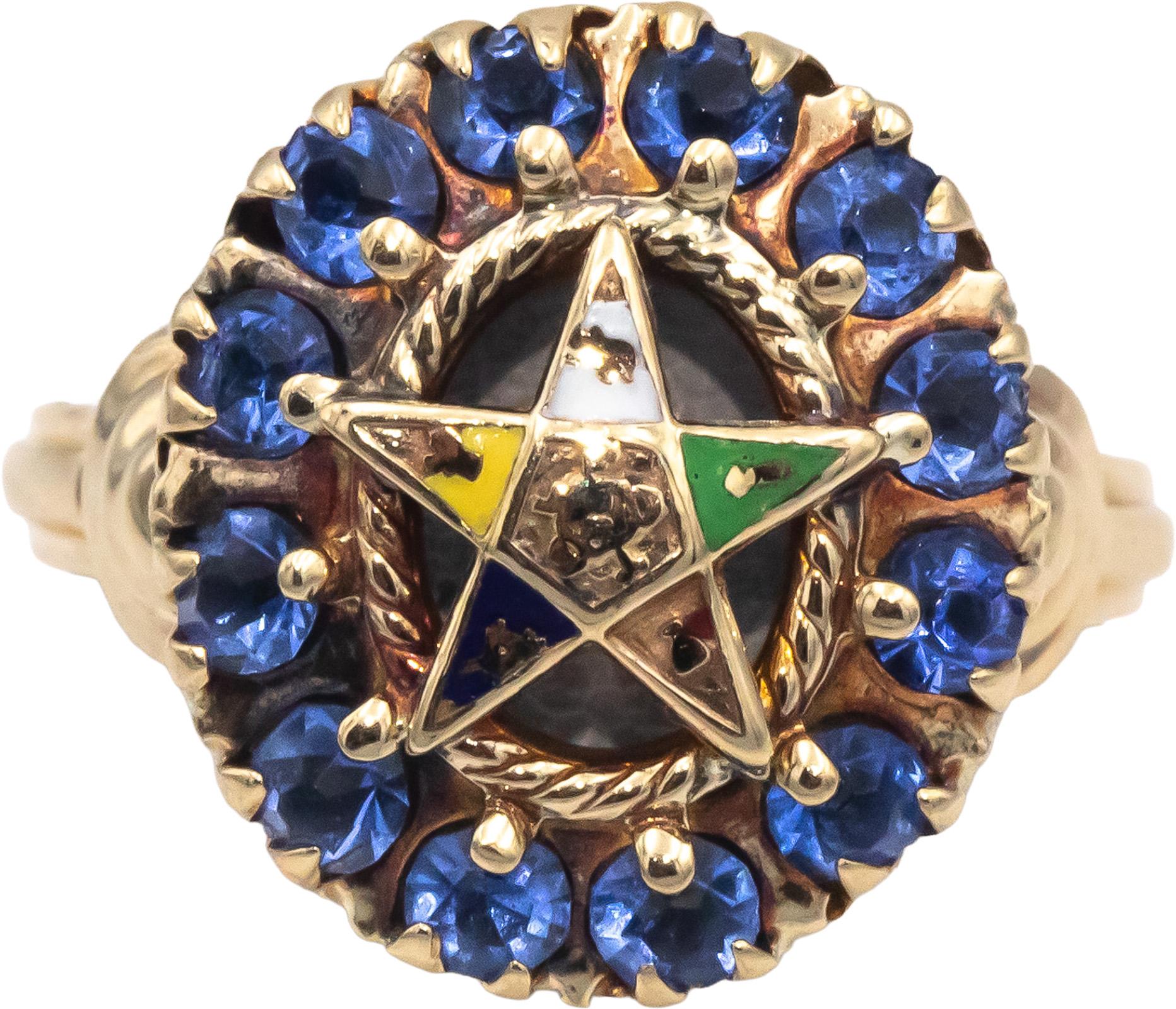 Vintage Antique 10k Yellow Gold Synthetic Blue Stone Eastern Star Ring Size 5.5