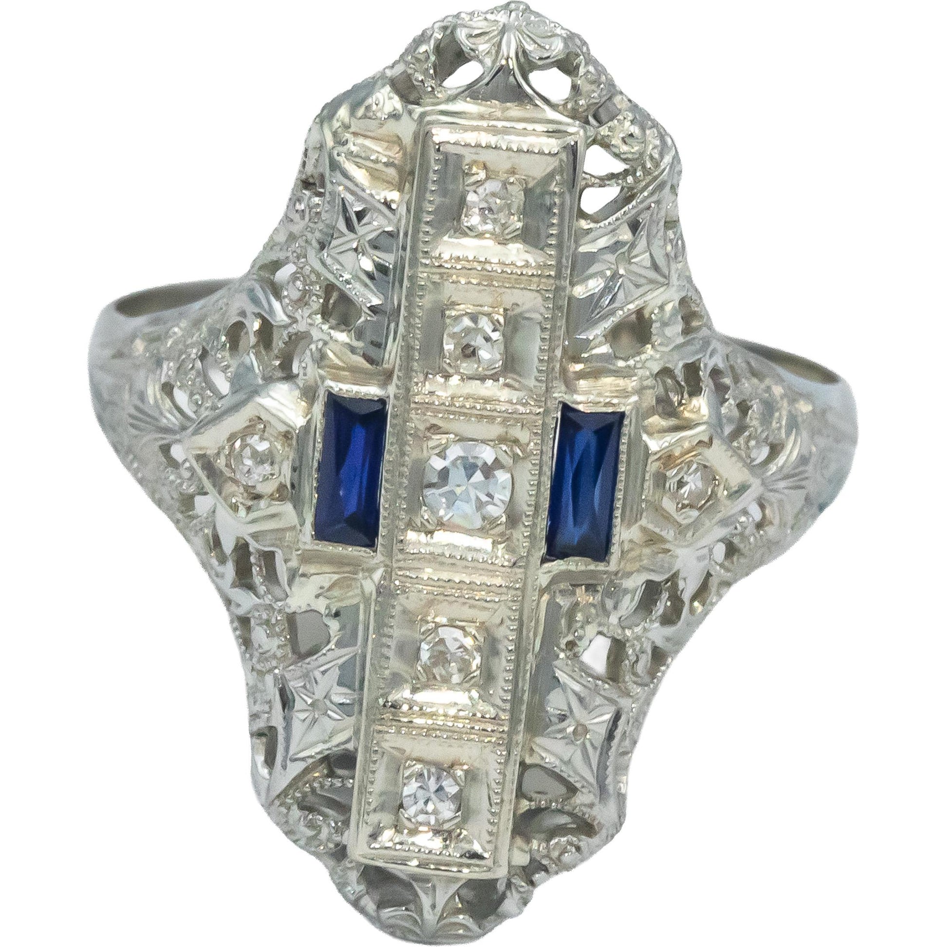 Antique Vintage 14k White Gold Diamond & Synthetic Sapphire Filigree Ring 0.10CT