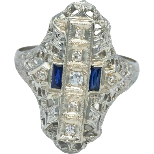 Antique Vintage 14k White Gold Diamond & Synthetic Sapphire Filigree Ring 0.10CT
