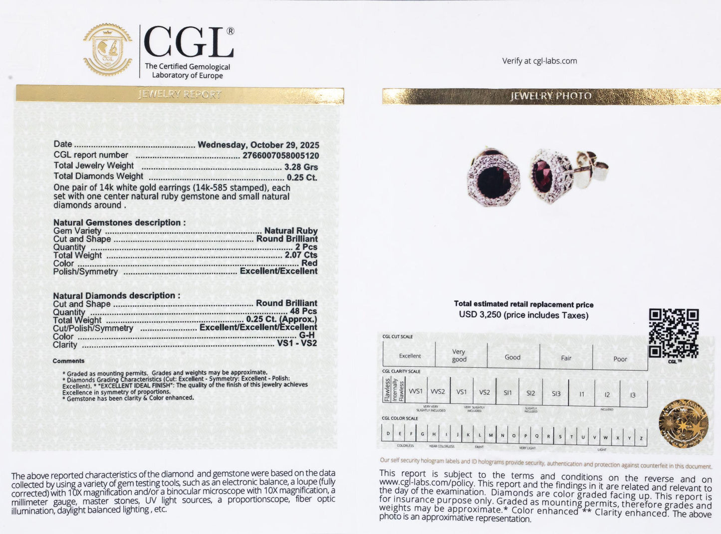 CGL Certified 14k White Gold Natural Ruby & Diamond Stud Earrings 2.32CTW