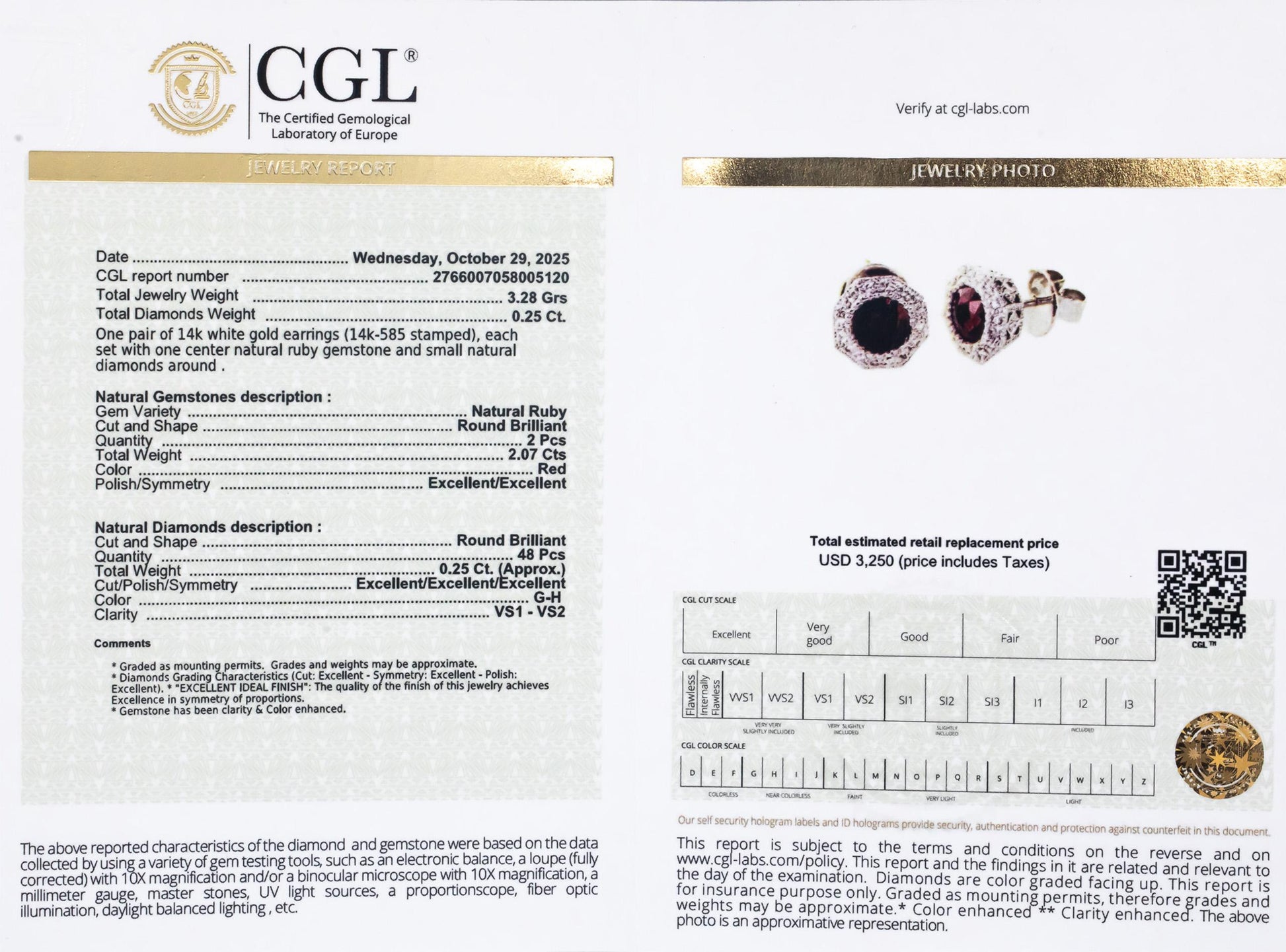 CGL Certified 14k White Gold Natural Ruby & Diamond Stud Earrings 2.32CTW